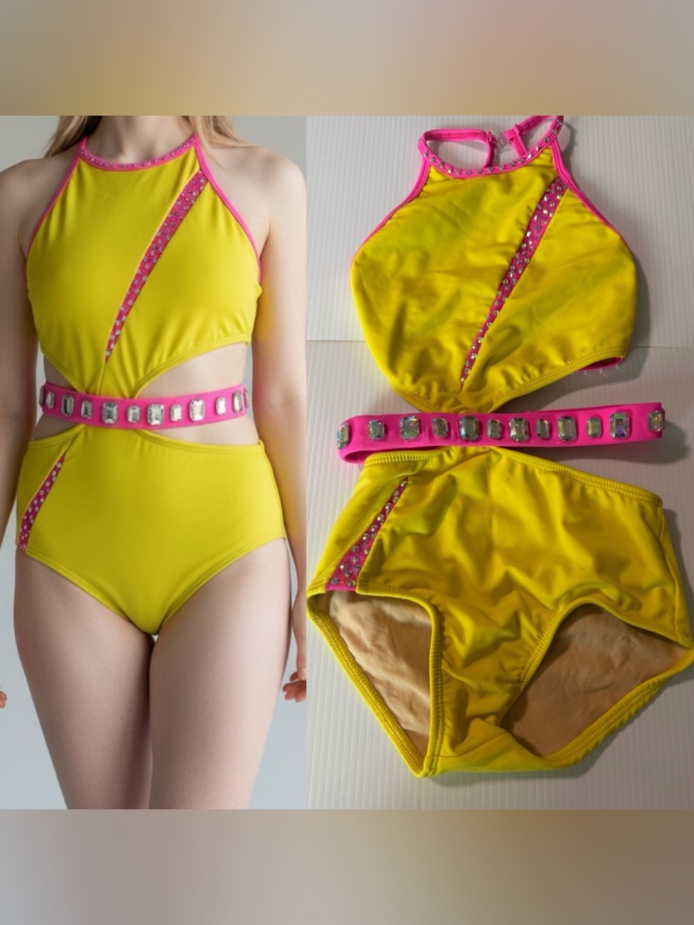 LA dance custom Solo neon yellow pink cutout leotard illusion bling MC child